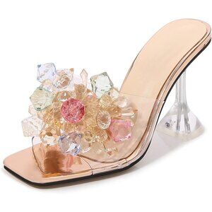 Elegant Women's Crystal Flower Heels Square Toe Stiletto Mule Dress Sandals